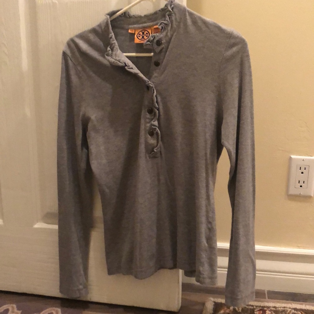 TORY BURCH Lidia Ruffle Gold Logo Buttons Long Sleeve Grey MEDIUM